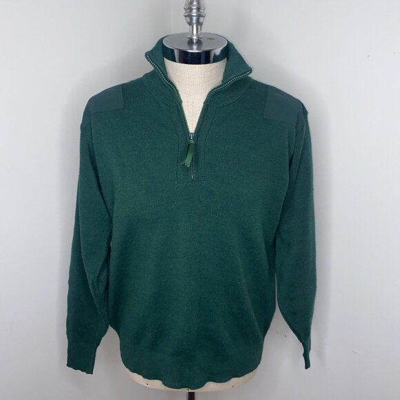 Vintage LL Bean Mens Wool Sweater Elbow Shoulder Patches Green 1/4 Zip Sz L USA - Picture 1 of 10